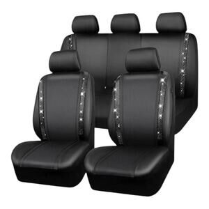 CAR PASS Black Diamond Leather Bling/Rhinestone  Car Seat Cover Full Set | NEW